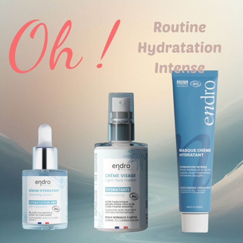 Routine hydratation visage Endro – Gelée nettoyante, sérum, crème et masque hydratants