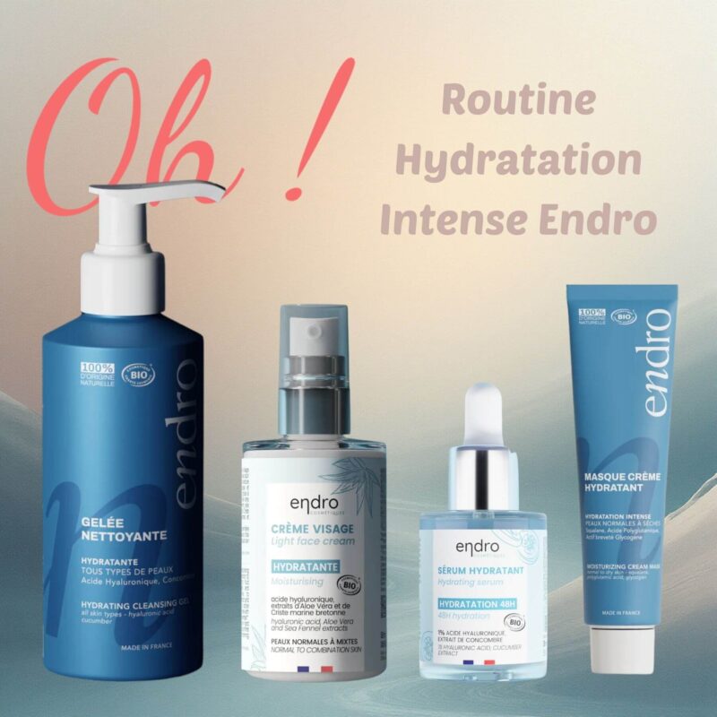 Routine hydratation visage Endro – Gelée nettoyante, sérum, crème et masque hydratants