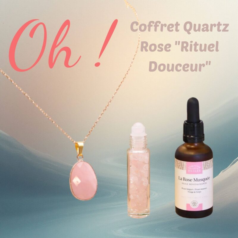 Coffret quartz rose avec huile de rose musquée bio